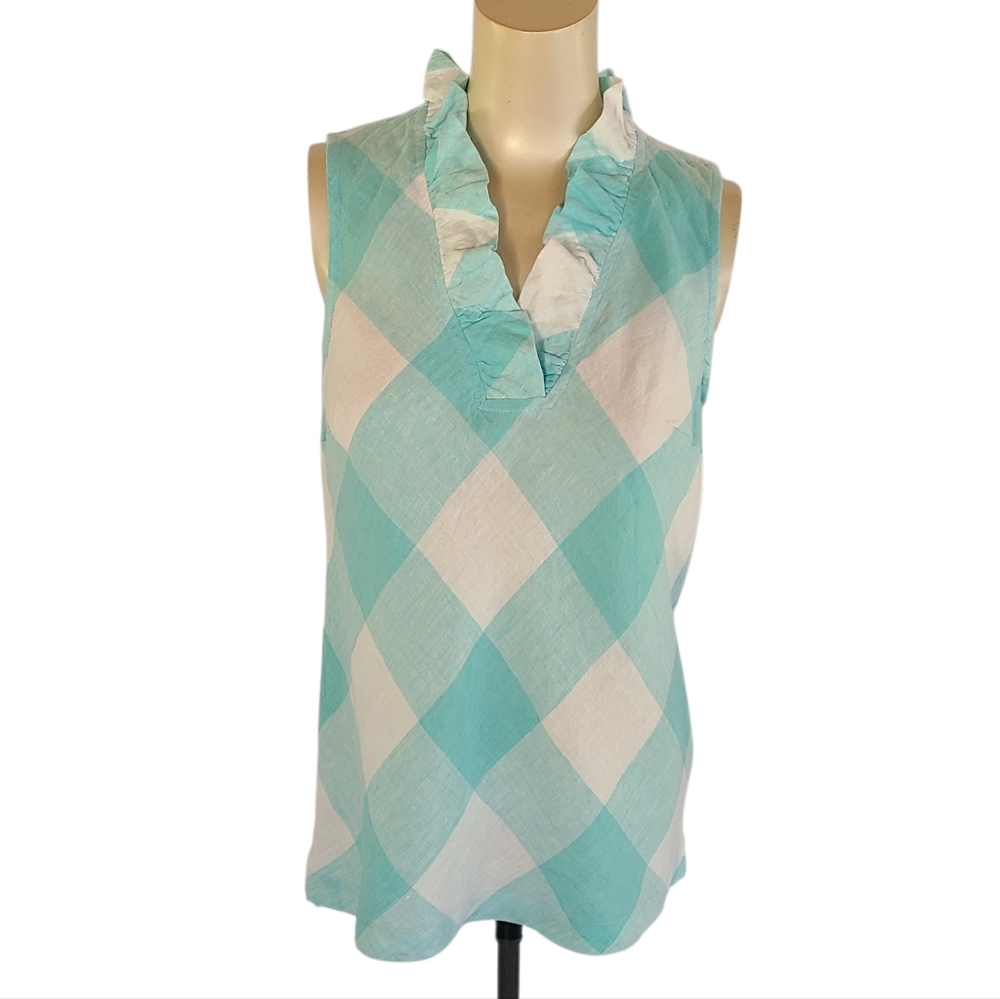​Crown & Ivy Aqua Gingham Ruffle V-Neck Linen Sleeveless Top Small